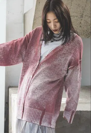 JEANASIS 코튼 리버스 다이 데미지 V 가디건 핑크