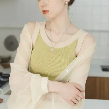 hinari 배색 니트 탱크 그린
