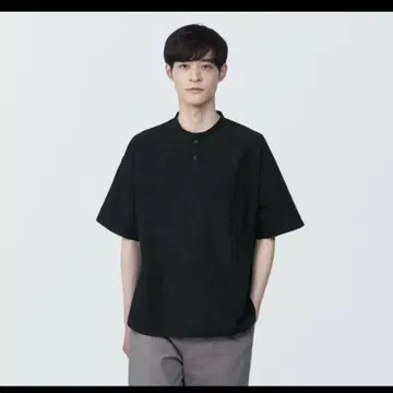 냉감 헨리넥 반팔 천 티셔츠 블랙 M MUJI 남성용 블랙