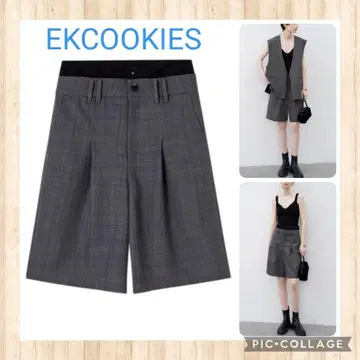 EKCOOKIES 더블 허리 하프 팬츠 그레이 코튼 턱