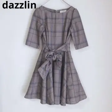 다즈린 무릎 기장 원피스 체크 무늬 귀여운 리본 브라운 M