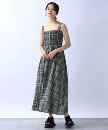 JEANASIS 프론트 지퍼 셔링 원피스 그레이 체크 무늬