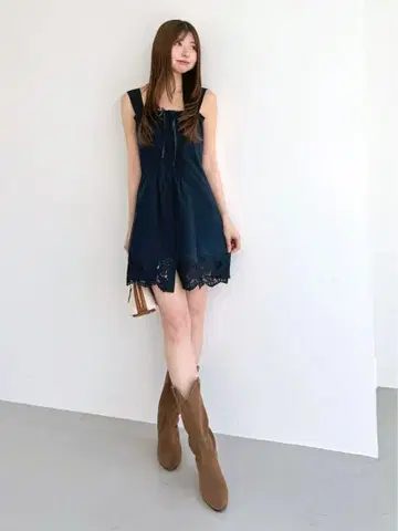 SNIDEL 레이스 트림 코튼 미니 원피스 네이비 0