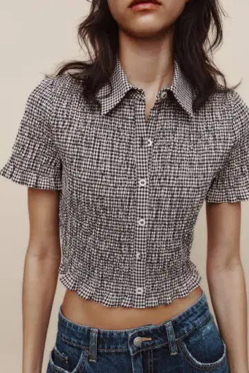 ZARA 크롭 깅엄 체크 셔츠 브라운