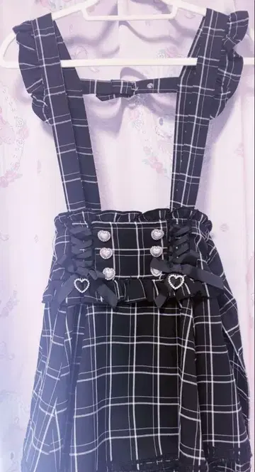 LIZLISA 블랙 체크 무늬 서스펜더가 달린 치마바지