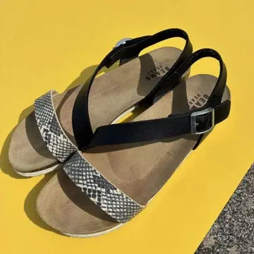 BEAMS 샌들 블랙/스네이크 무늬 빔즈(24cm)(24.5cm)