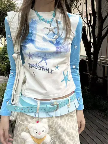 Y2K 패치워크 별 패턴 긴팔 티셔츠 파랑 티셔츠 헤이세이 갸루 00년대