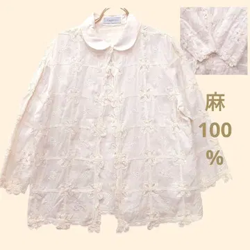 린넨/자수/비즈/크로쉐 레이스/생지/아이보리/긴팔 블라우스/M