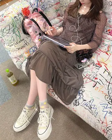 브라운 도트 무늬 시스루 탑