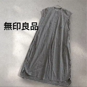 무인양품 프렌치 슬리브 원피스 깅엄 체크 면 블랙