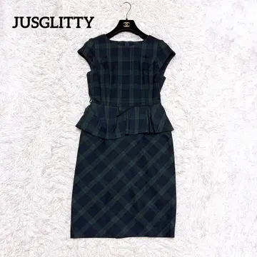 JUSGLITTY 페플럼 체크 원피스 타이트 프렌치 슬리브 그린