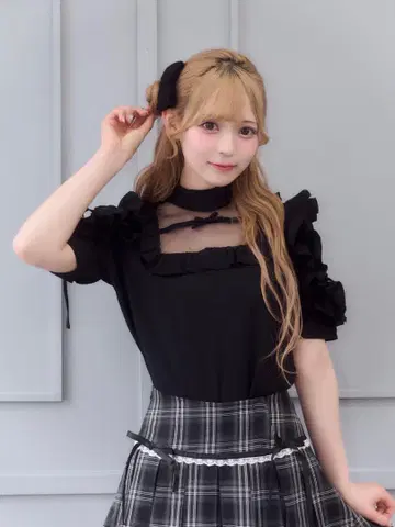 키라키라 숄더 프릴 블라우스 meltie 블랙 검정
