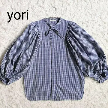 [새상품급] yori 2023SS 깅엄 리본 퍼프 슬리브 블라우스 네이비