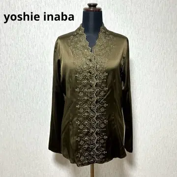 요시에 이나바 블라우스 자수 실크 카키 일본제 사이즈 11