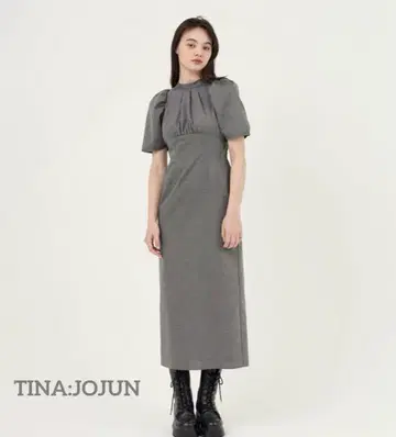 Tina jojun 그레이 퍼프 슬리브 롱 원피스