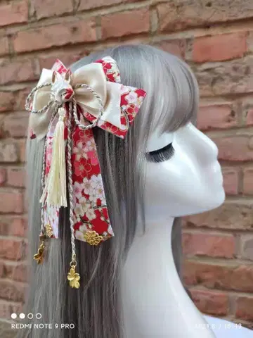 일본 의류 머리 장식 빨간색 꽃무늬 리본