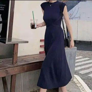 리브 원피스 한국 네이비 허리 리본