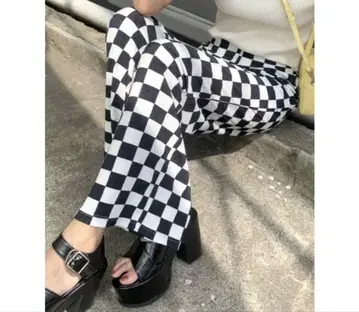 에모다 루즈 플리츠 플레어 팬츠 체크 무늬 깃발 덤 포함