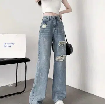 AsRiRe 하이 웨스트 데미지 데님 팬츠