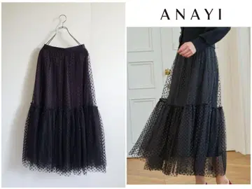 ANAYI 도트 얇은 명주 그물 티어드 스커트