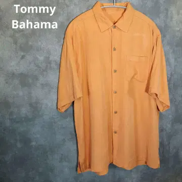 Tommy Bahama 실크 100% 오렌지 반팔 셔츠 구제 의류