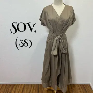 SOV./38/카키/카슈쿨 반팔 롱 기장 플레어 원피스 리본