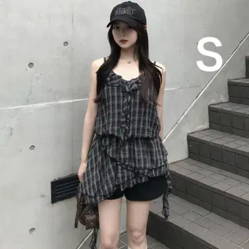 블랙 체크 프릴 아지메 미니 원피스 S 튜닉 emmy