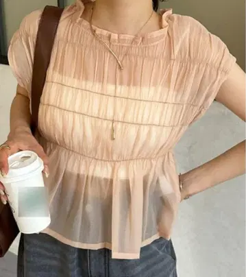 Zevon 셔링 시어 프렌치 블라우스 시스루 걸리시
