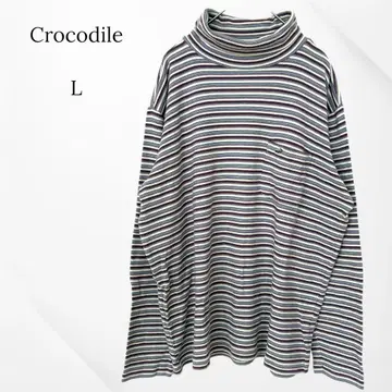 크로커다일 터틀넥 긴팔 롱 티셔츠 보더 퍼플 L 새상품급