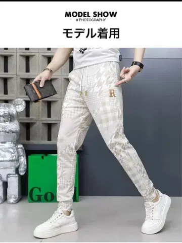 체크 무늬 팬츠 R 자수 화이트/블랙