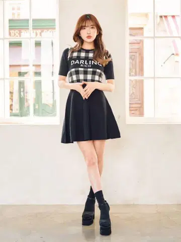 Darich 깅엄 체크 니트 미니 원피스 블랙