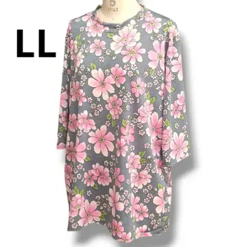 미사용 새상품 꽃무늬 그레이 핑크 7부 소매 튜닉 풀오버 LL