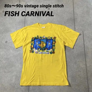 80s90s 싱글 스티치 티셔츠 FISH CARNIVAL 노랑 XL