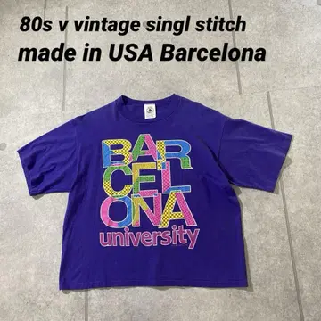80s 싱글 스티치 짧은 티셔츠 USA제 Barcelona 퍼플 L
