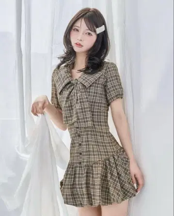Darich 빅 리본 벌룬 체크 미니 원피스 BEG FL.