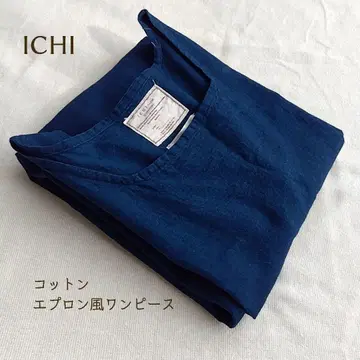 ICHI 코튼 에이프런 원피스 네이비 인디고