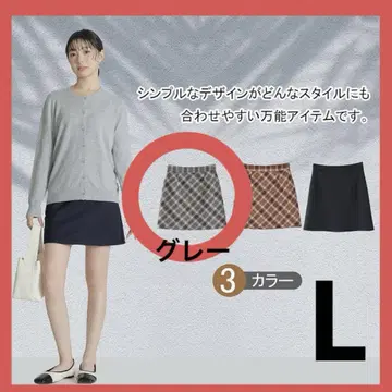 여성용 체크 짧은 스커트 미니 스커트 이너 포함 A 라인 그레이 L