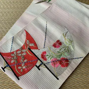 앤티크 여름 오비 명주 오비 원단 일본 자수 나데시코 하기 기코 리메이크
