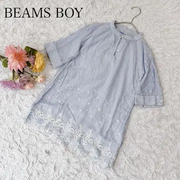 빔즈 보이 반팔 셔츠 스트라이프 자수 레이스 밴드 카라 코튼