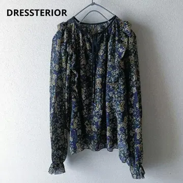 DRESSTERIOR 블라우스 꽃무늬 리본 시어 네이비 프릴