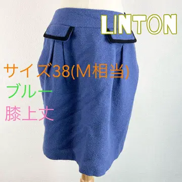 c254 LINTON 블루 미니 스커트 울 38 무릎 위 기장 트위드