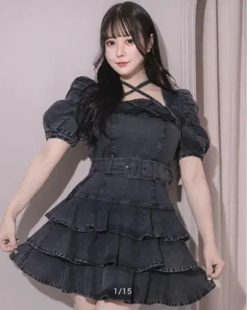 pium 피움 티어드 프릴 미니 원피스 데님 블랙