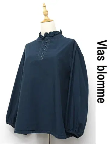 F442/Vlas blomme 블라우스 풀오버 백 개더 네이비 나염