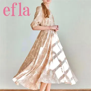 새상품급 efla 리프 무늬 프린트 원피스 플레어 베이지 롱 F 오카리에