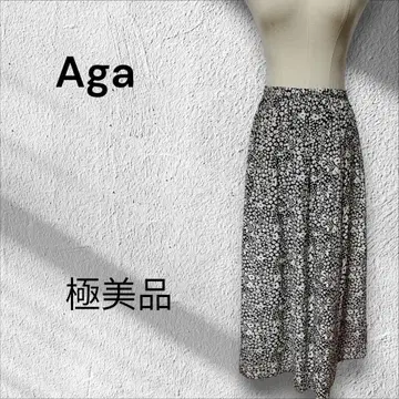 컨디션 최상 Aga 꽃무늬 롱 스커트 블랙/화이트