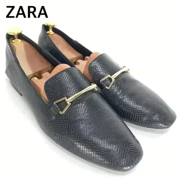 ZARA 자라 스퀘어토 골드 비트 가죽 플랫슈즈 리자드 엠보