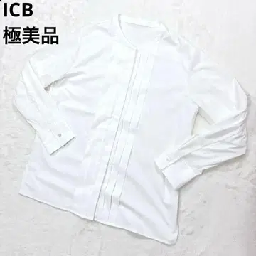 컨디션 최상 ICB 밴드 카라 셔츠 긴팔 프릴 블라우스 개더 화이트
