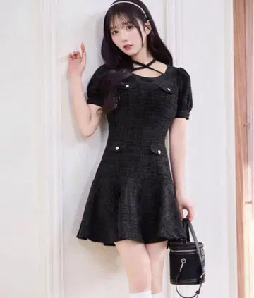 미셸 마카롱 트위드 플레어 원피스 블랙 michellMacaron