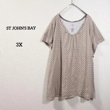 세인트 존스 베이 베이지 꽃무늬 올 패턴 반팔 티셔츠 V 넥 3X