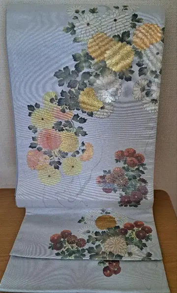 후쿠로 오비 연한 파랑 꽃무늬 금실 사용 허리띠 포함